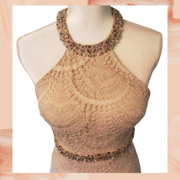 Sequin Hearts Dresses Cream Lace High Neck Full Length Formal Prom